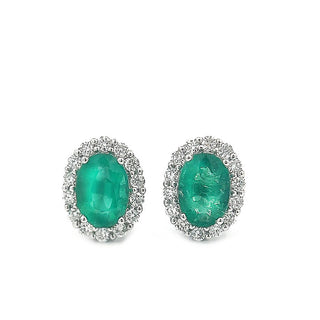 Emerald and Diamond Oval Cluster Stud Earrings in 18ct White Gold