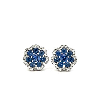 Sapphire and Diamond Flower Cluster Earrings in 18ct White Gold