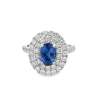 Sapphire and Diamond Double Halo Oval Cluster Ring in 18ct White Gold