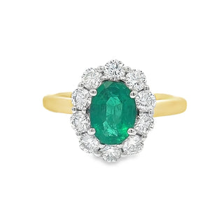 Emerald and Diamond Oval Cluster Ring in 18ct Yellow Gold