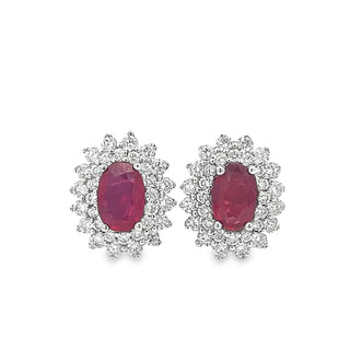 Ruby and Diamond Oval Cluster Stud Earring In 18ct White Gold