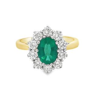 Emerald and Diamond Oval Cluster Ring in 18ct Yellow Gold