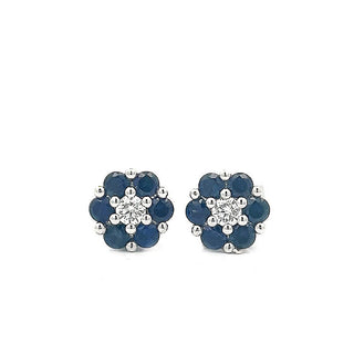 Sapphire and Diamond Flower Style Cluster Stud Earrings in 18ct White Gold