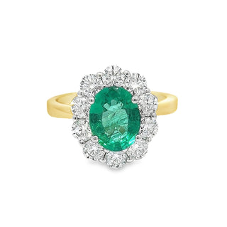 Emerald and Diamond Oval Cluster Ring in 18ct Yellow Gold