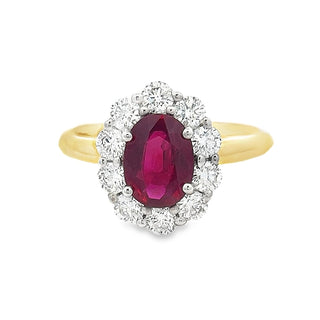 Ruby and Diamond Oval Cluster Ring in 18ct Yellow Gold