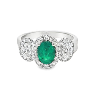 Emerald and Diamond Three Stone Oval Cluster Ring in Platinum