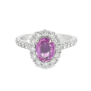 Pink Sapphire and Diamond Oval Cluster Ring in 18ct White Gold