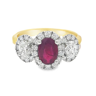 Ruby and Diamond Three Stone Oval Cluster Ring in 18ct Yellow Gold