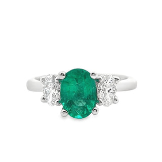 Emerald and Diamond Three Stone Oval Ring in Platinum