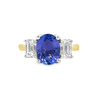 Tanzanite and Diamond Three Stone Ring in 18ct Yellow Gold