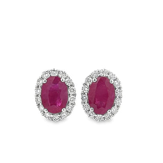 Ruby and Diamond Oval Cluster Stud Earrings in 18ct White Gold